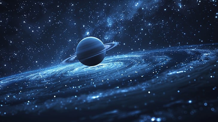 Neon planet illustration hovering above rings