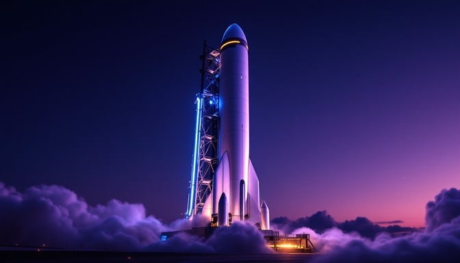 Rocket on launchpad ready for liftoff at dusk